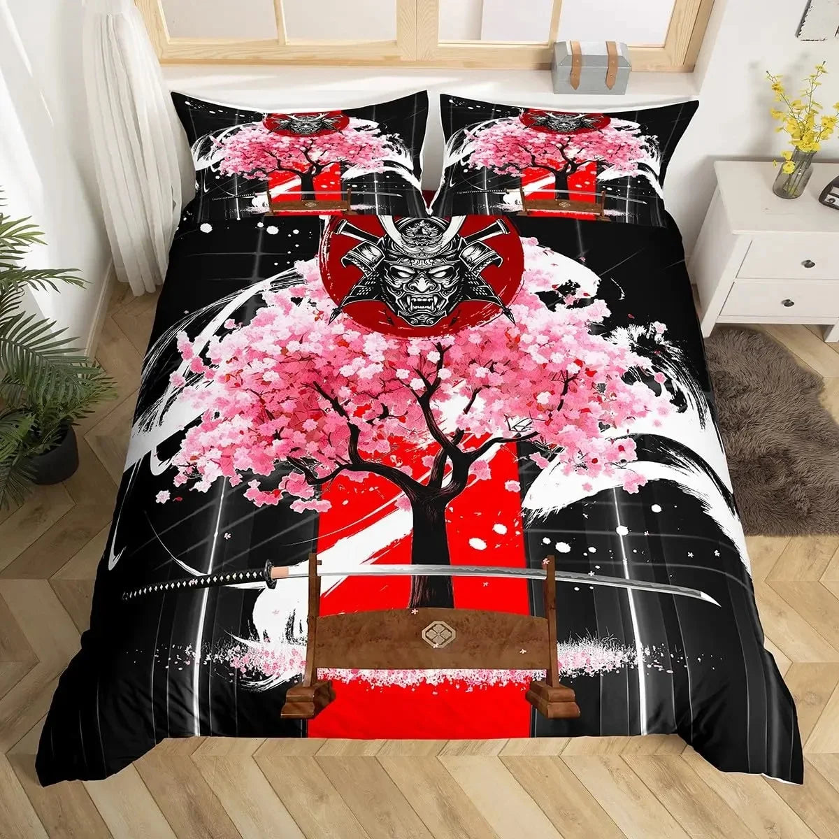 Japanese Samurai Duvet Cover Set 3-Piece - Cherry Blossoms Red Sun & Mount Fuji Print - Multiple Sizes (Twin/Full/Queen/King)