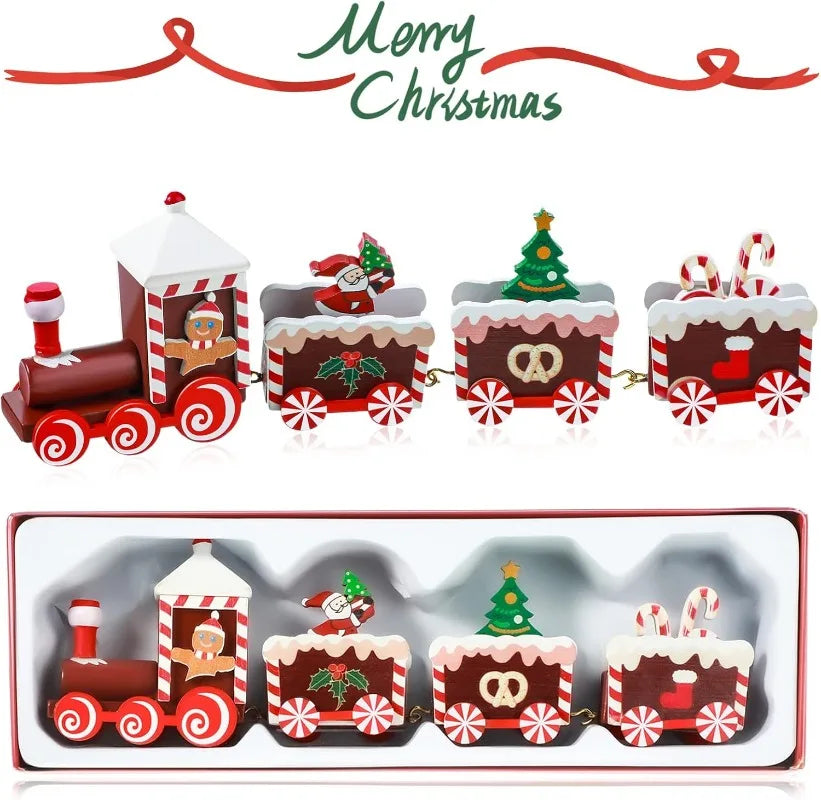 Hand-Painted Wooden Christmas Train Set Mini Tabletop Holiday Decorations