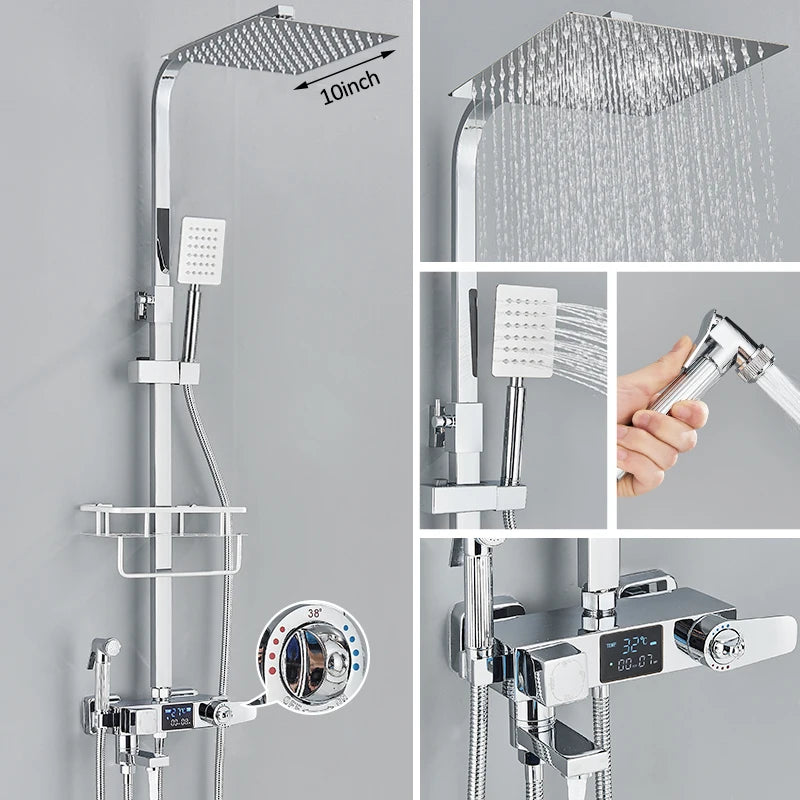 Black Thermostatic Shower Mixer with Digital Display, 4-Way Valve, 8-Inch (20 cm) Rainfall Head & Shelf