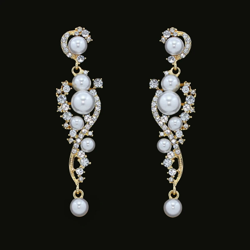 Gold Bridal Drop Earrings with Simulated Pearls & Crystal Rhinestones — 6 cm (2.36 in) Dangle Statement Earrings for Wedding & Bridesmaids