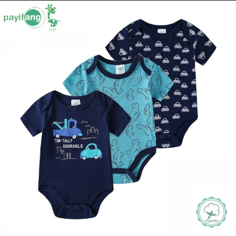 Baby Boy 3-Pack Short Sleeve 100% Cotton Bodysuits, Soft Onesies 3-12 Months