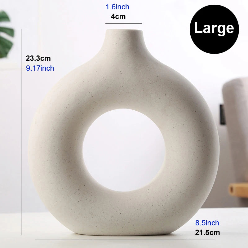 Nordic Ceramic Hollow Donut Vase - Modern Round Flower Pot for Home, Living Room & Office Decor