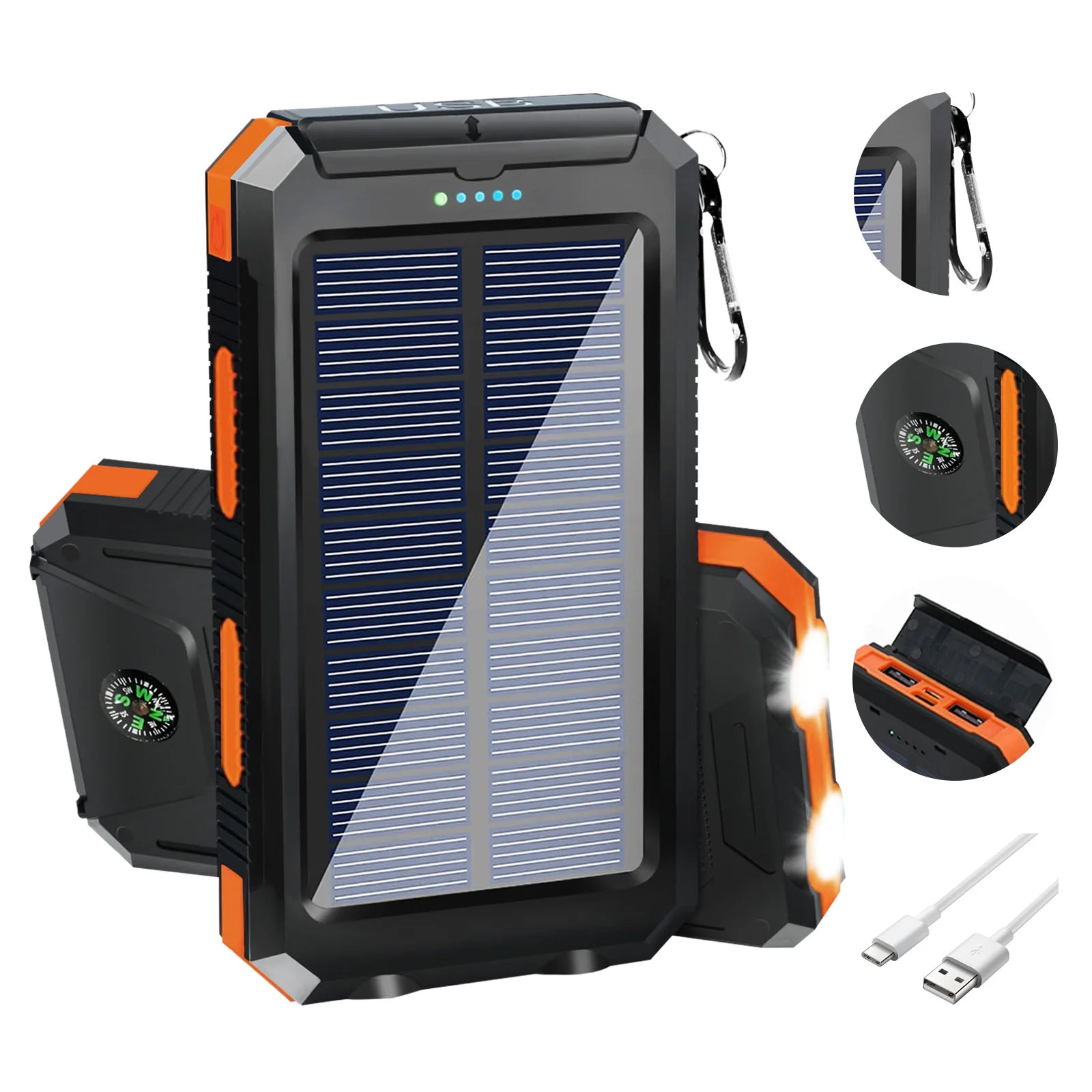 20000mAh Solar Power Bank - Portable Solar Charger with Dual USB, USB-C Input, Built-in Cables & LED Flashlight