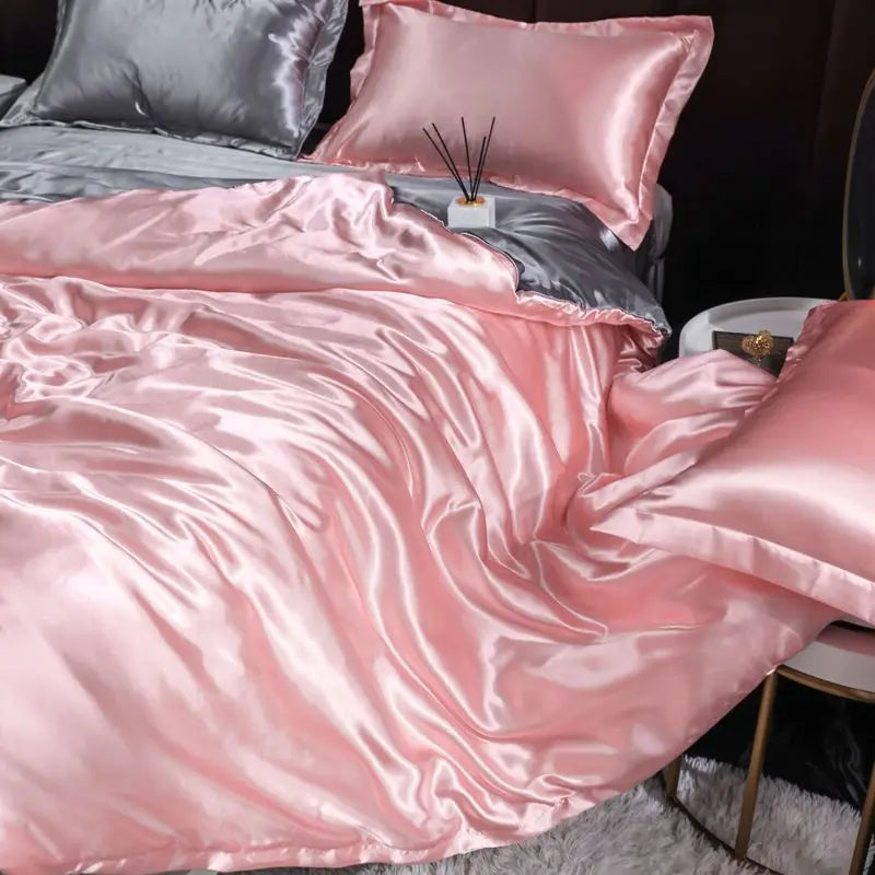 Ice Silk Satin 4-Piece Duvet Cover Set – Silky Solid Color Bedding (Duvet Cover + 2 Pillowcases + Sheet), Fits 1.5–2.2 m (5–7 ft) Beds