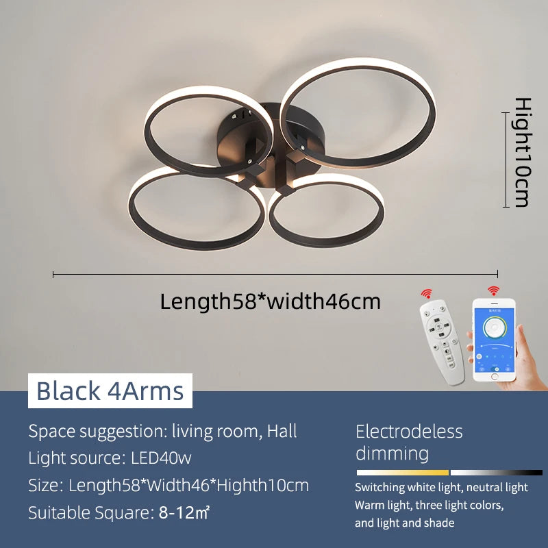 Modern LED Chandelier Dimmable Remote-Control Ceiling Light for Living Room Bedroom Study – Gold or Black, AC 90–260V