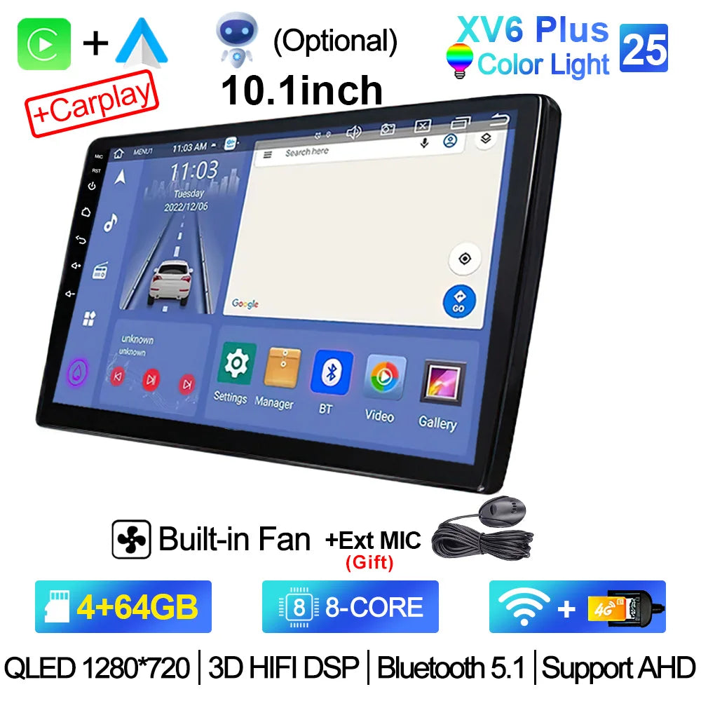2-DIN Android Car Stereo - CarPlay & Android Auto, 7/9/10.1 inch (17.8/22.9/25.6 cm) QLED GPS, 8-Core CPU, DSP, WiFi & 4G, 6GB/128GB