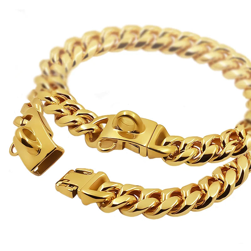 Stainless Steel Dog Collar Cuban Link 14mm Wide Gold & Silver - Durable Pet Collar for Small to Large Dogs