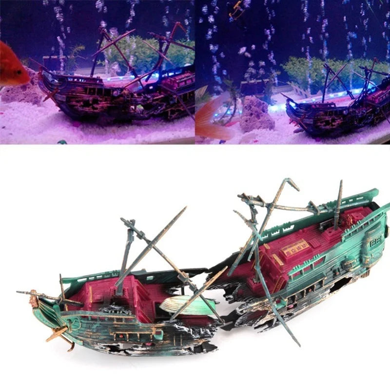 Shipwreck Boat Aquarium Ornament with Air Bubbler, 9.4 x 4.7 in (24 x 12 cm) Fish Tank Decoration
