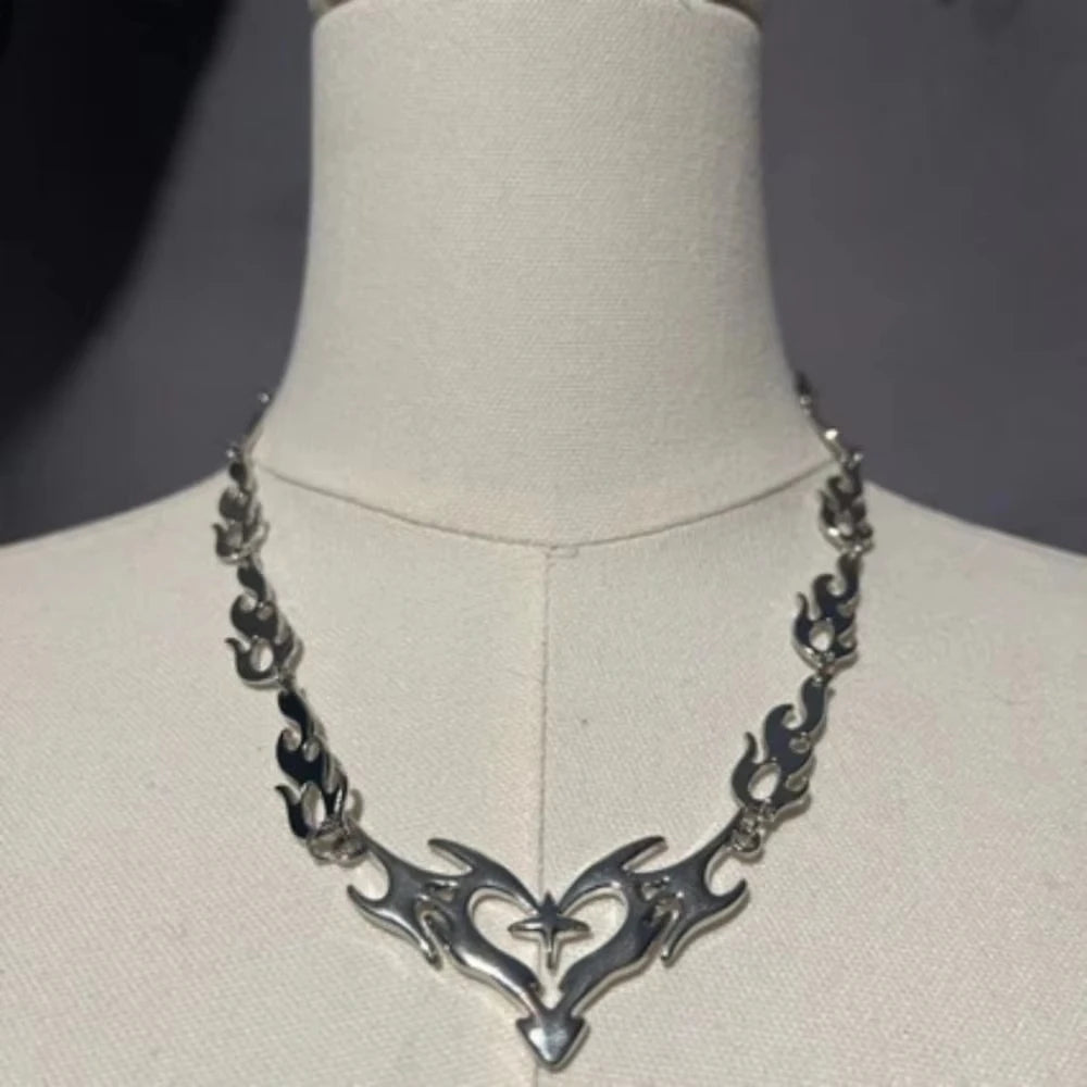 Flame Heart Cross Choker Necklace – Punk Gothic Barbed Wire Thorns Charm (Unisex, Y2K)