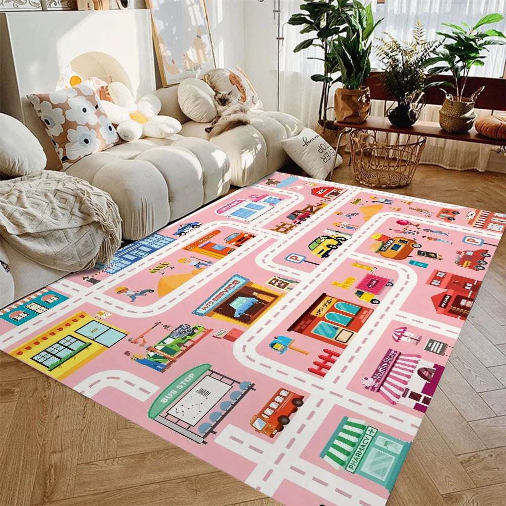 Kids Traffic Play Mat Rug — Non-Slip Highway Car Playmat for Boys & Girls, Flannel Play Rug for Playroom (40x60–120x160 cm / 16x24–47x63 in)