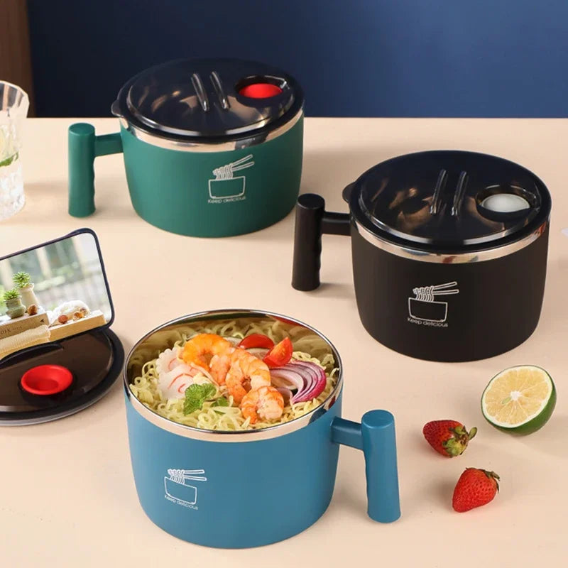 Double-Wall Stainless Steel Instant Noodle Bowl with Lid & Drain – 1L (1000 mL / 33.8 fl oz) Portable Insulated Bowl