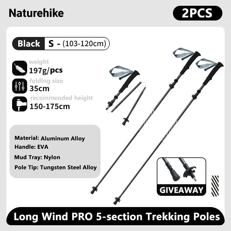 Ultralight Carbon Fiber 5-Section Folding Trekking Poles, Collapsible Quick-Lock Hiking Poles Adjustable 103–120 cm (40.6–47.2 in) or 115–135 cm (45.3–53.2 in)