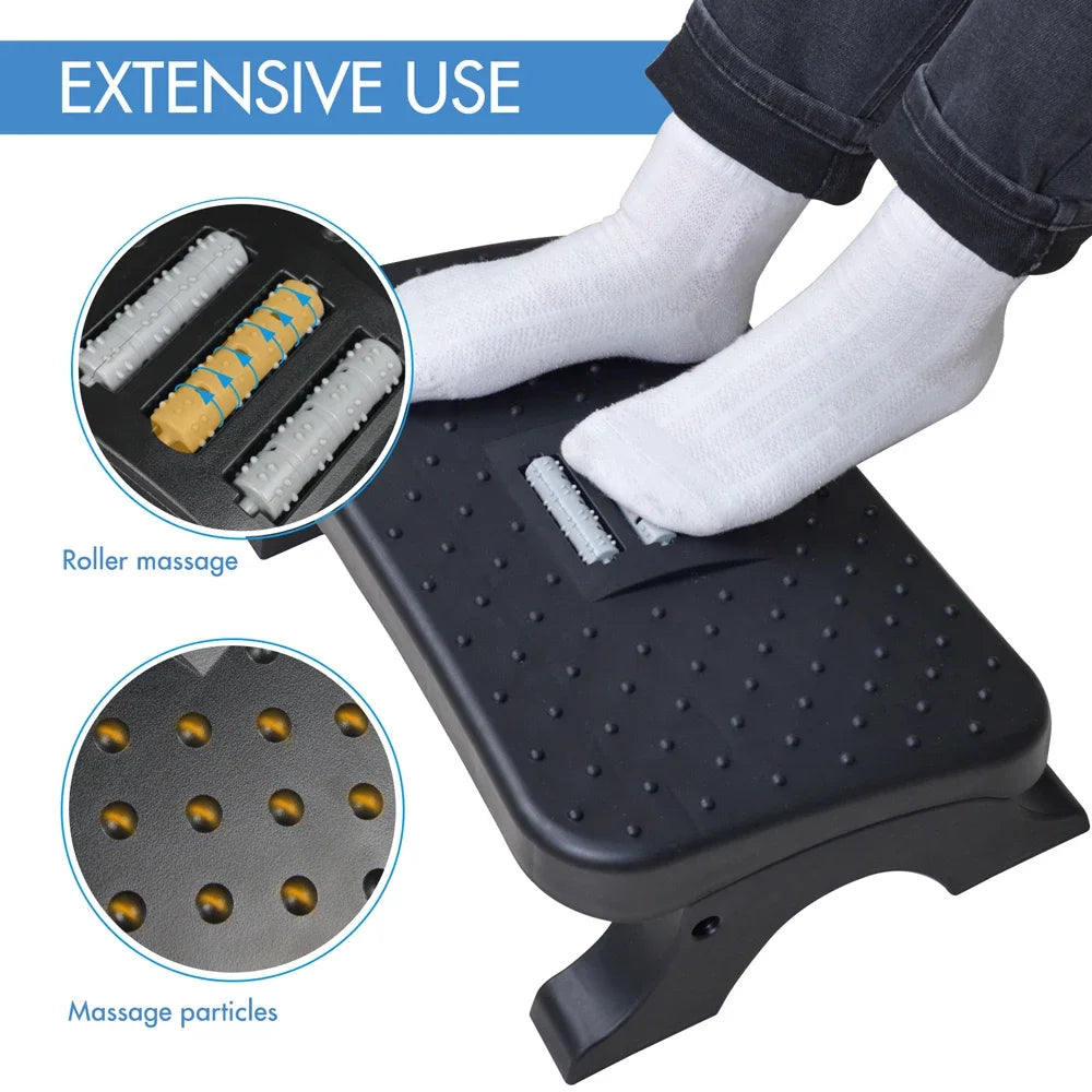Ergonomic Under-Desk Footrest with Massage Rollers, Adjustable Height, 120 lb (54 kg) Capacity, Pain Relief for Office & Home