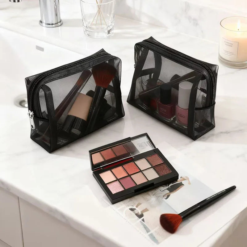 3-Pack Mesh Makeup Bags - Travel Cosmetic Organizer Set for Women, Portable Mini Toiletry Pouches for Lipstick & Cosmetics