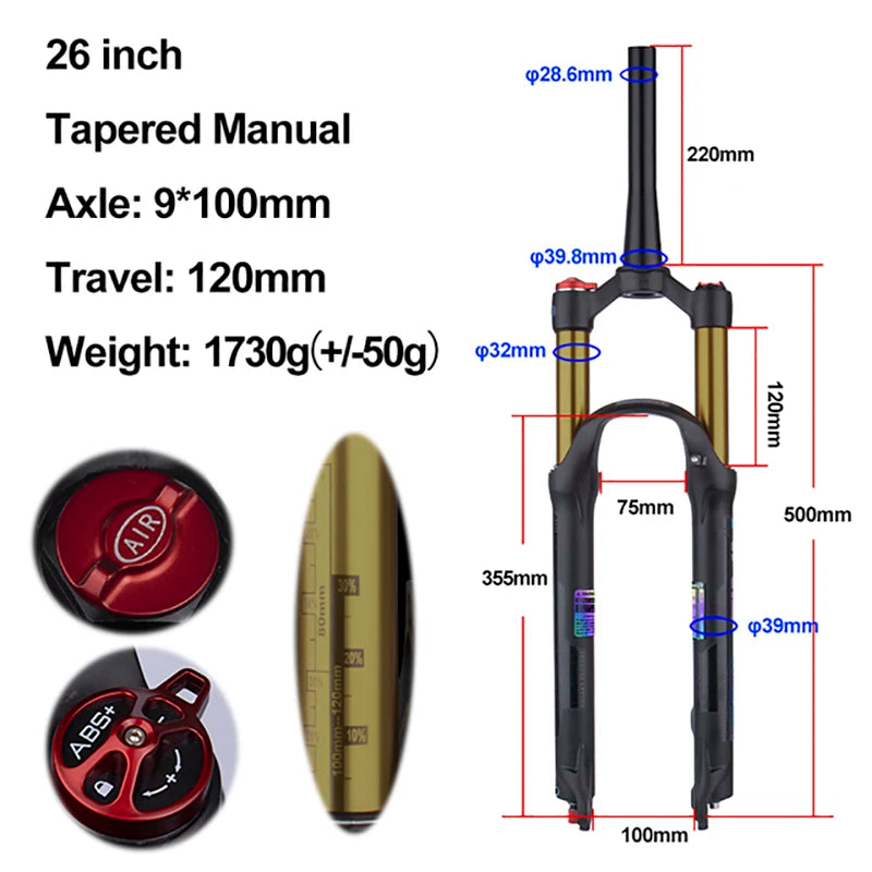 MTB Air Suspension Fork — 120mm Travel, Rebound Adjustable, 26/27.5/29 in, 9x100mm Quick Release, Disc Brake Compatible