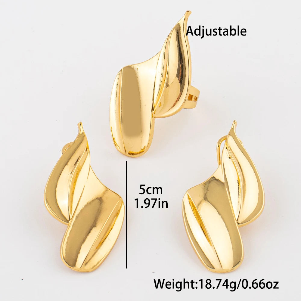 18K Gold-Plated Twisted Leaf Earrings & Ring Set view 5