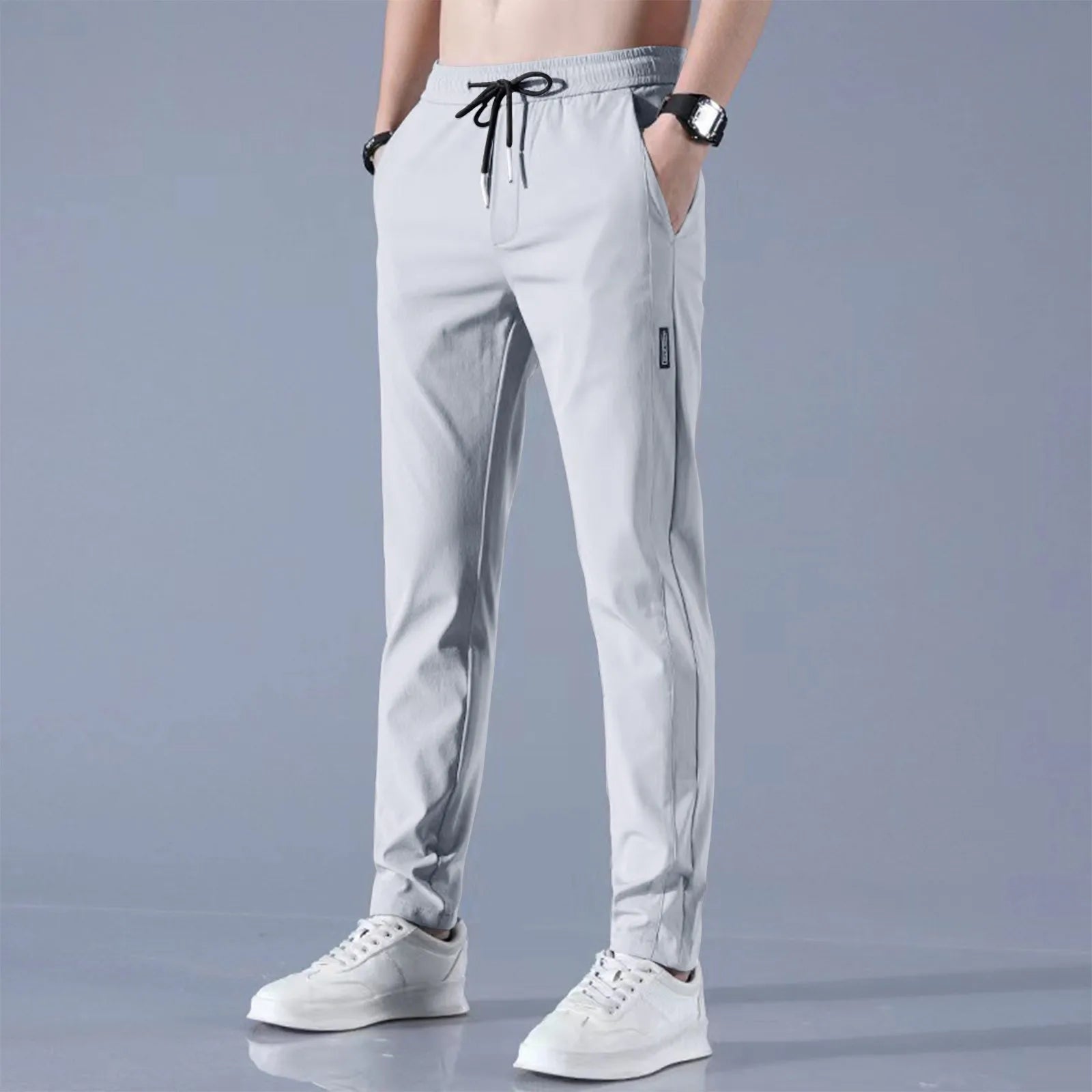 Men's Fast-Dry Stretch Ice Silk Pants - Mid-Waist Breathable Straight-Leg Casual Sports Trousers