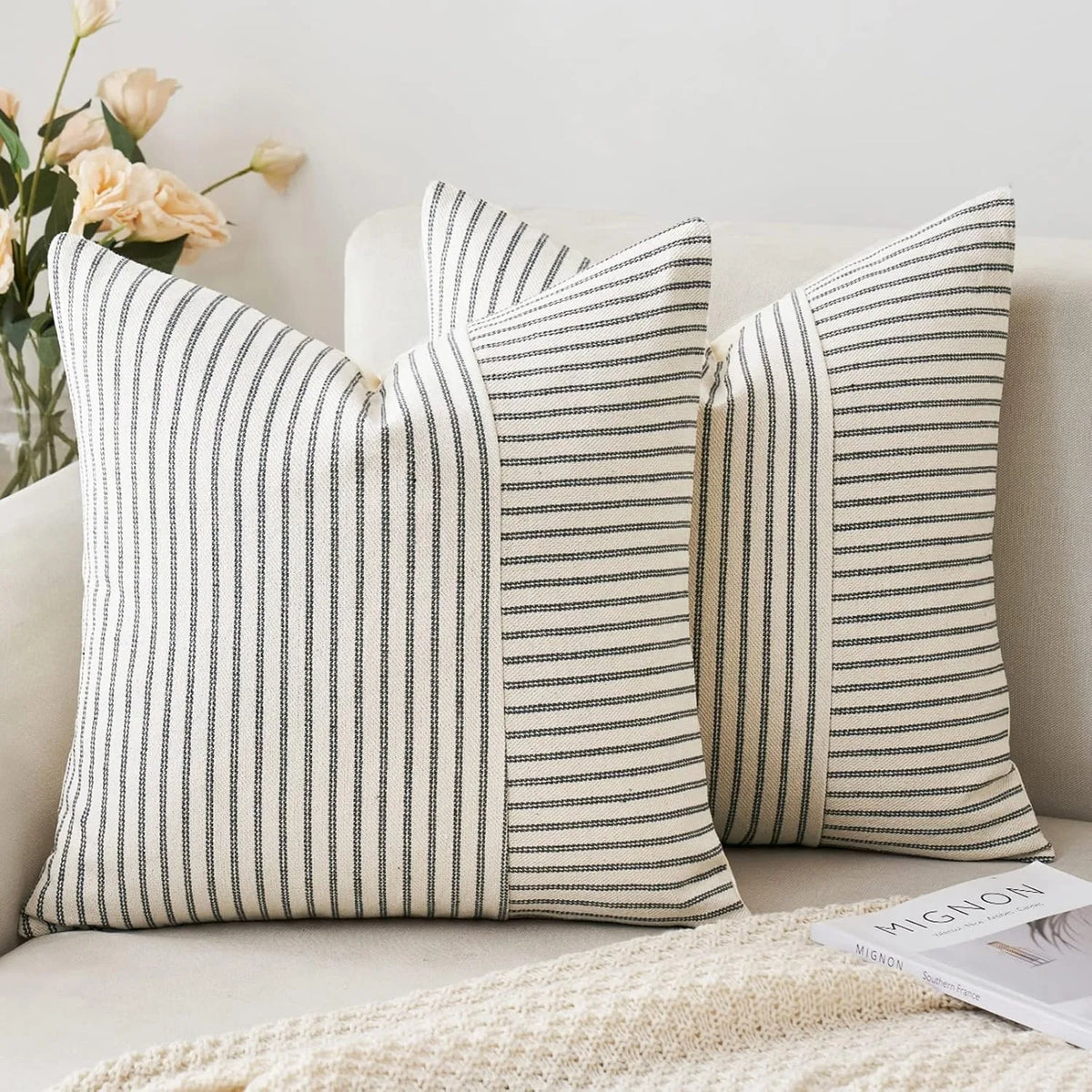 Khaki Patchwork Striped Linen Throw Pillow Cover 18 x 18 in (45 x 45 cm) Decorative Accent Cushion Case for Sofa Couch Bedroom