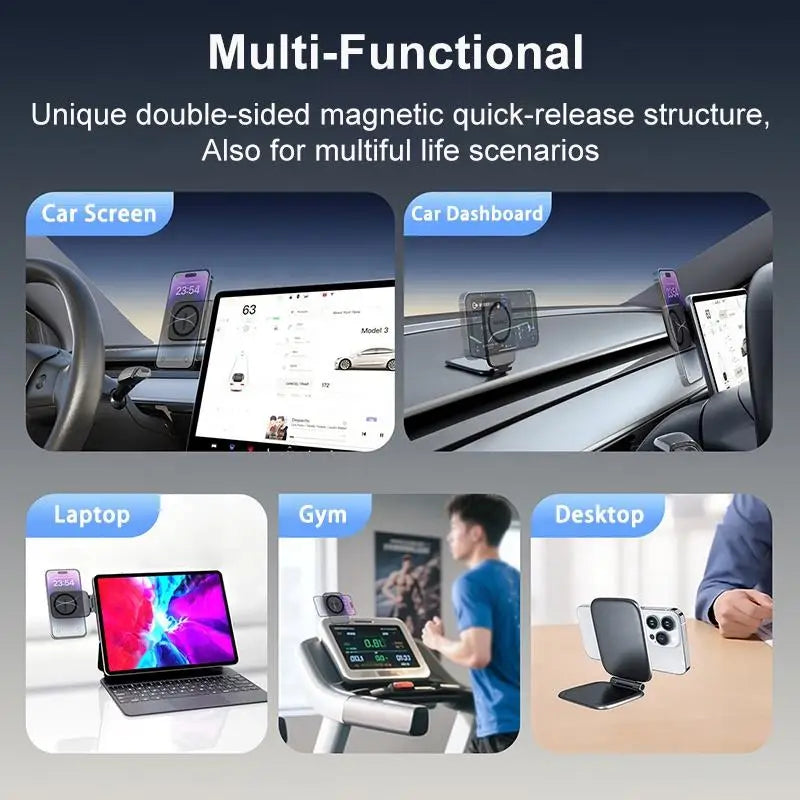 Foldable Magnetic Phone Stand with Strong Adhesive Mount for Car Dashboard and Desk, Compatible with Magnetic Cases