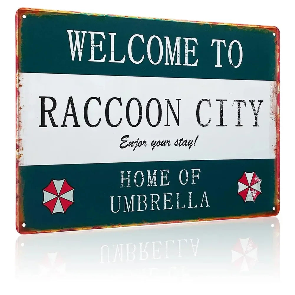 Raccoon City Umbrella Metal Tin Sign - Retro Horror Gaming Wall Decor