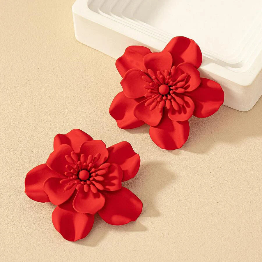 Big Red Flower Stud Earrings – Metal Floral Post Earrings, Boho Wedding & Summer Statement