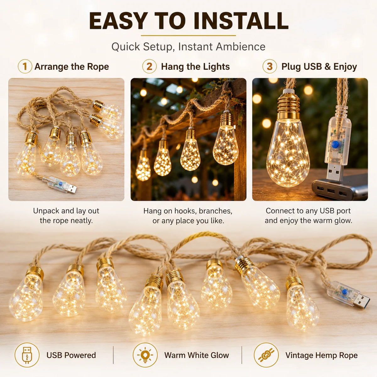 USB Hemp Rope Edison String Lights – Warm White 8/16/24 LED, 4m/6m/8m (13.1/19.7/26.2 ft), 8 Modes – Patio Porch Wedding Garden Decor
