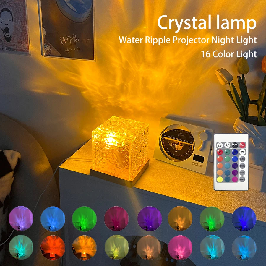 16-Color Rotating Water Ripple Projector Night Light - Dynamic Mood Lamp with Acrylic Crystal Wood Base for Home Decor