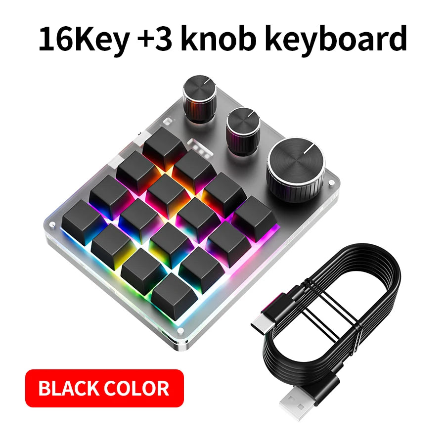 16-Key Programmable Mechanical Macro Pad with 3 Knobs, RGB Hot-Swap — USB / Bluetooth / 2.4G Wireless