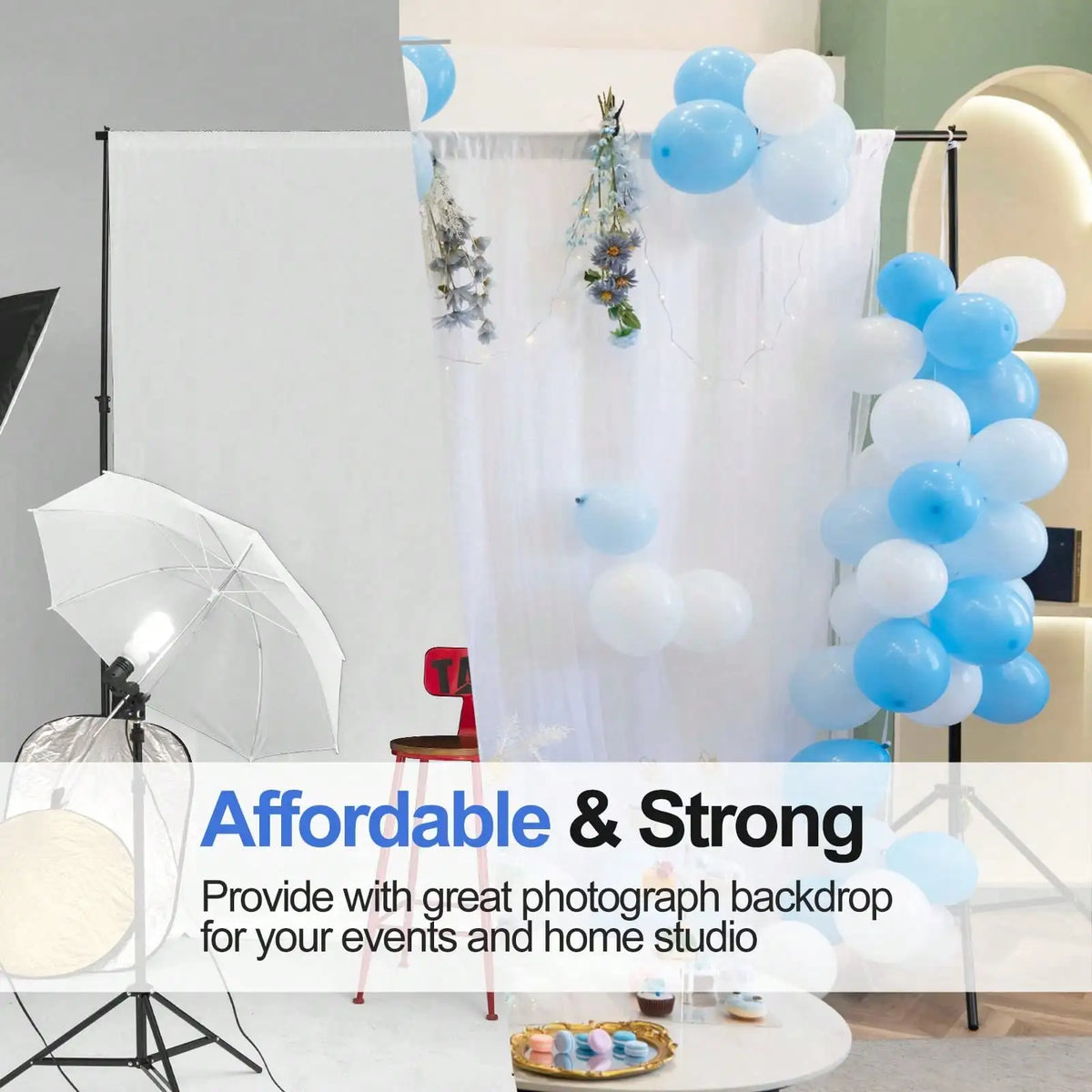 Adjustable Photo Backdrop Stand 10 x 7 ft (305 x 213 cm) Metal Background Support Kit with 4 Crossbars & 4 Clamps – Weddings, Parties, Studios