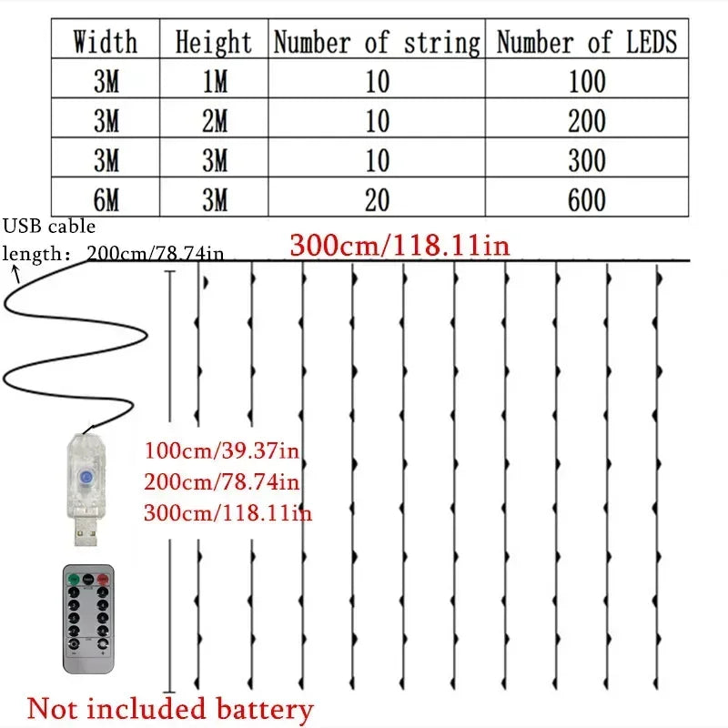 LED USB Curtain String Lights 8-Mode – Fairy Curtain Lights for Christmas & Wedding Party, 3m & 6m (Warm White / Multicolor) with Remote