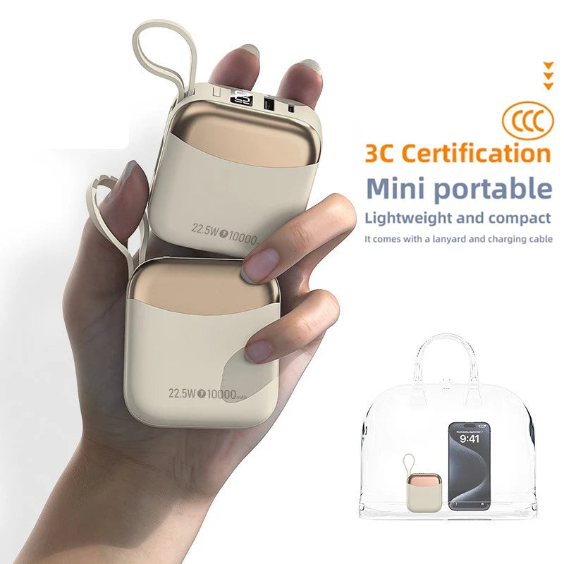10000mAh 65W Portable Power Bank with Built-in Cables – Fast Charging USB-C External Battery