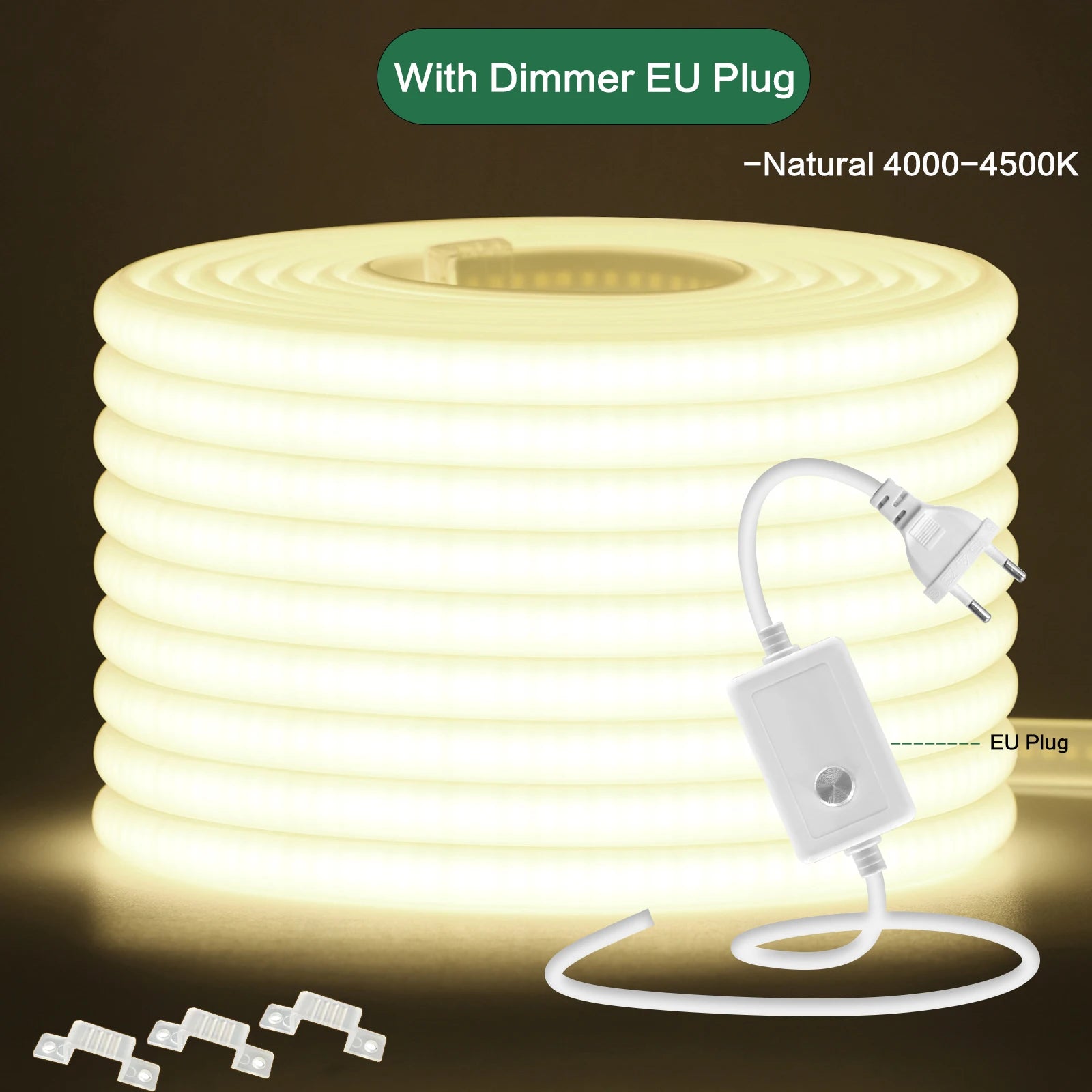 220V COB LED Strip Light 288 LEDs/m IP65 Dimmable with Switch or Dimmer Plug — 3000K 4000K 6000K Waterproof Indoor/Outdoor