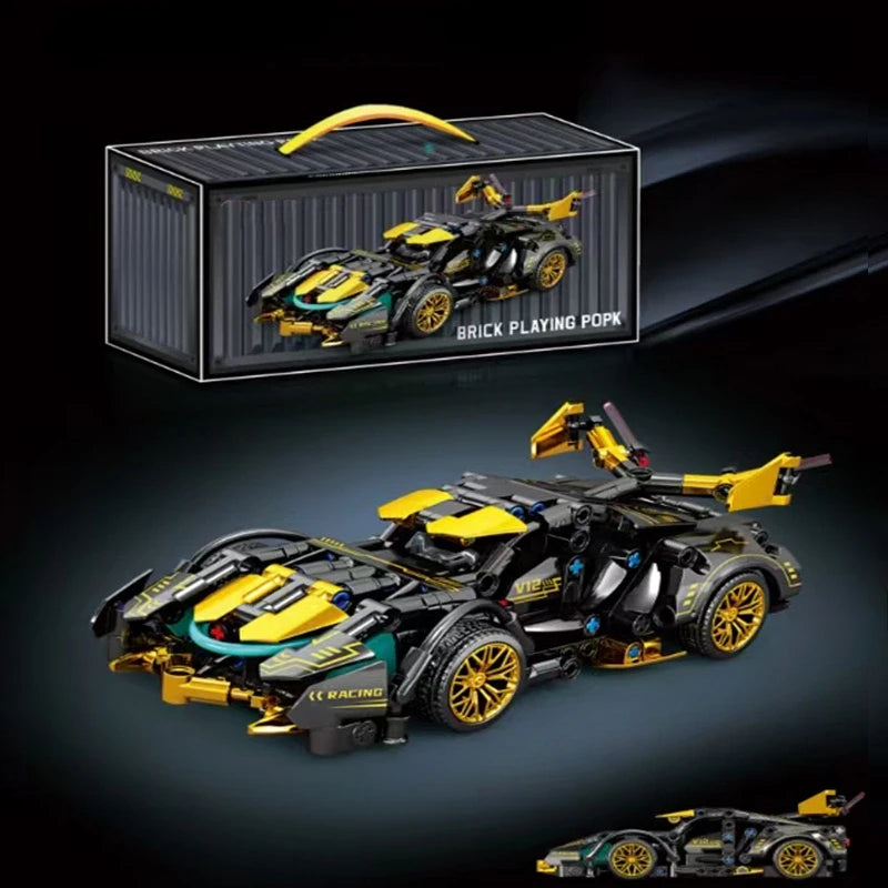 V12 Micro Building Block Racing Car Model – Black & Gold Desktop Collectible, Birthday Gift