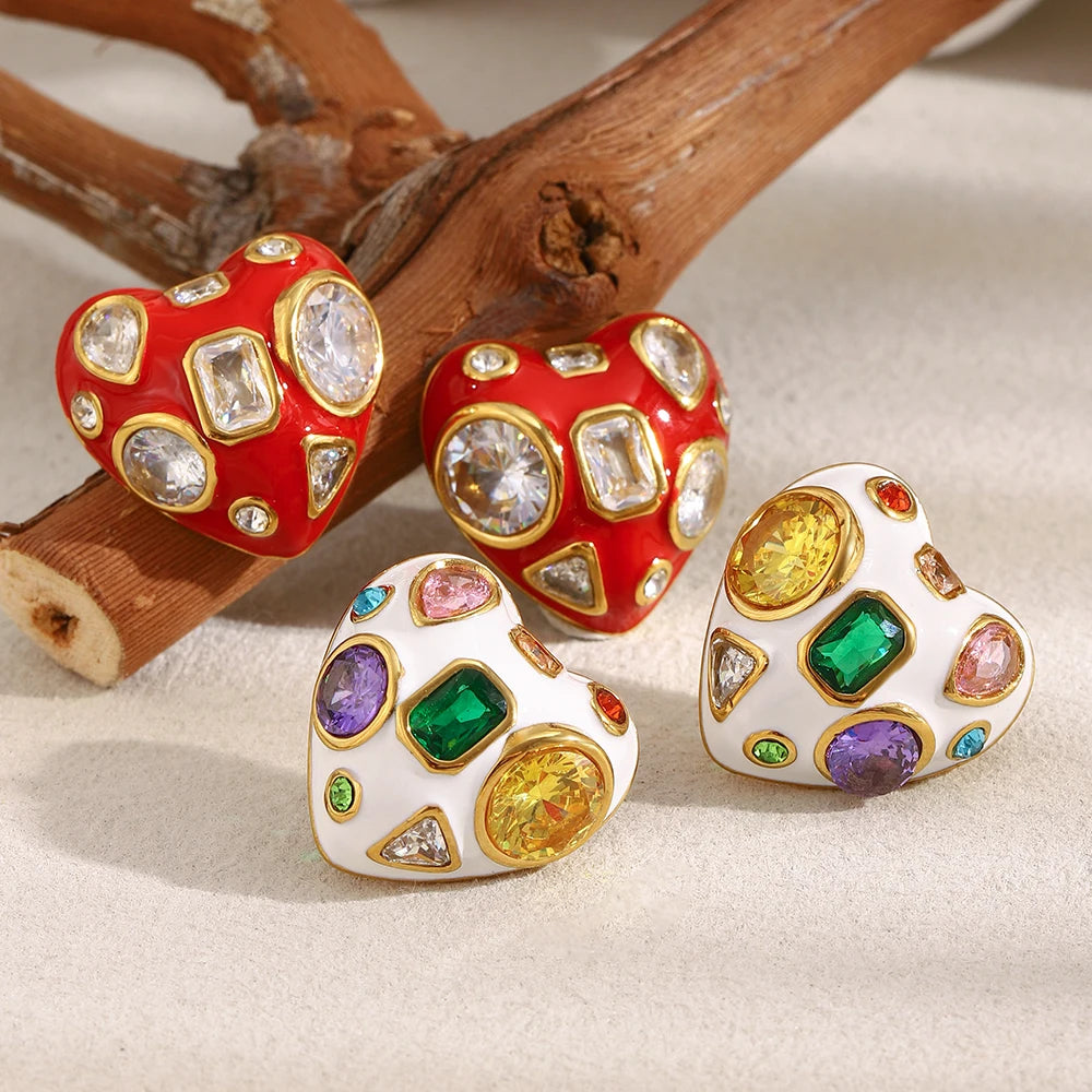 316L Stainless Steel Heart Zircon Stud Earrings - 18K Gold Plated Waterproof Hypoallergenic Women's Party Jewelry