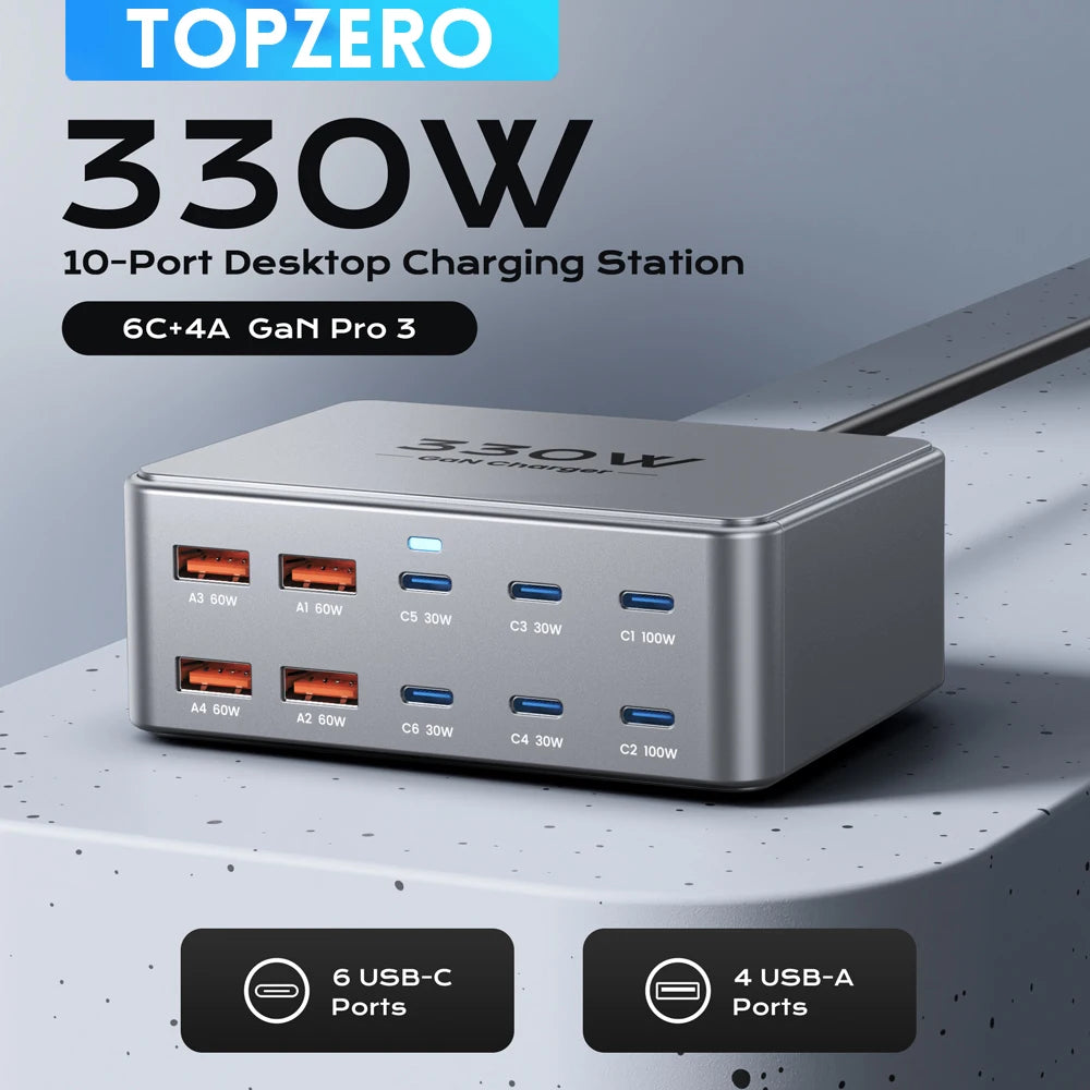330W GaN 10-Port USB-C/USB-A Fast Charging Station 100W PD3.0 PPS QC3.0 Multiport Charger for Laptops, Smartphones & Tablets