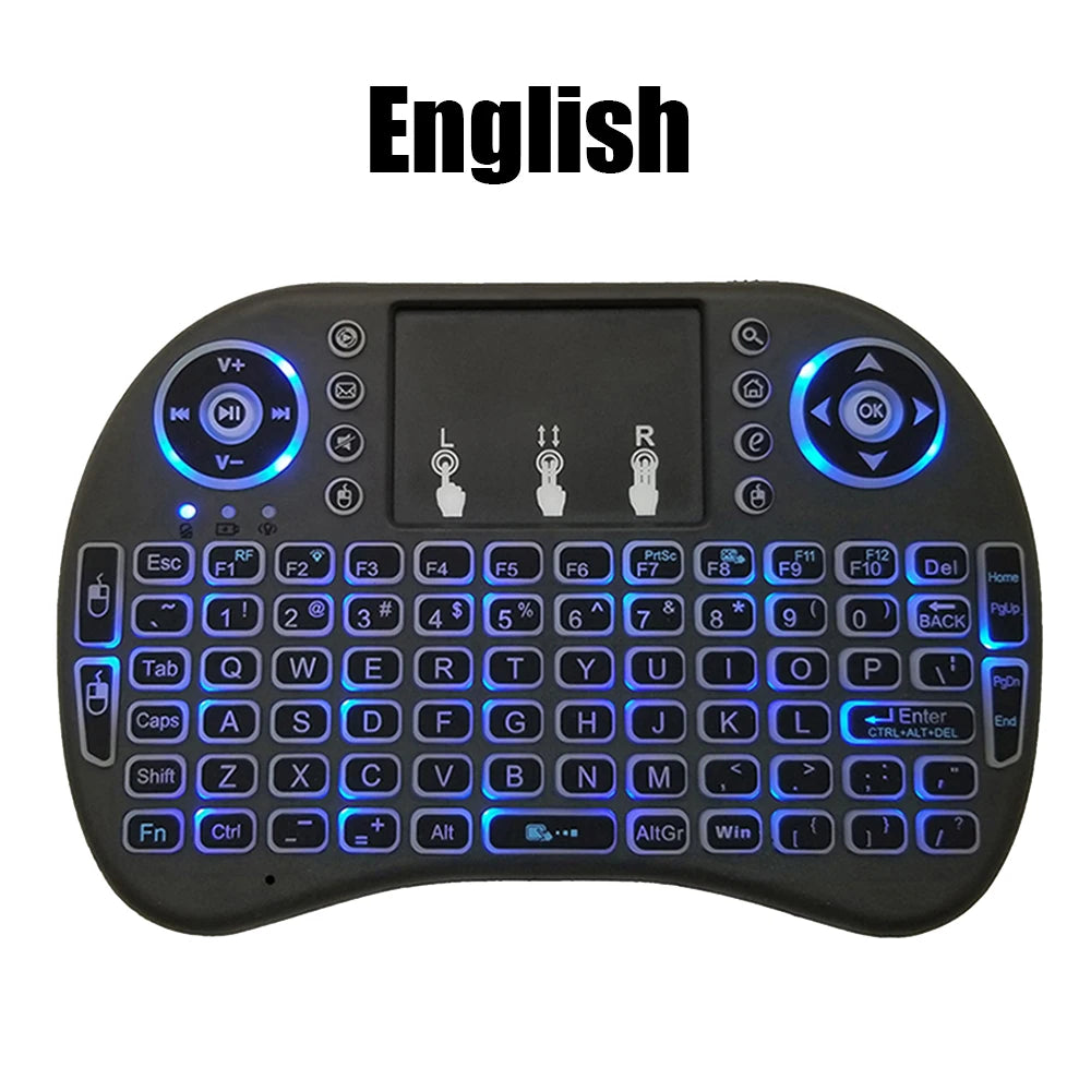 2.4G Air Mouse Touchpad Keyboard – Backlit Mini Wireless QWERTY Remote for PC & Android TV Box (Arabic, French, Spanish, Russian)