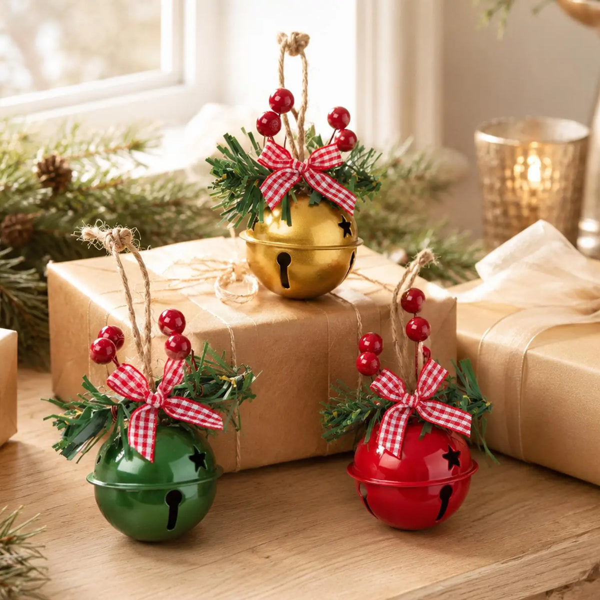 Metal Christmas Star Jingle Bell Ornaments with Red Berry Bow – Tree Decorations, Pack of 1/3/5/10/20