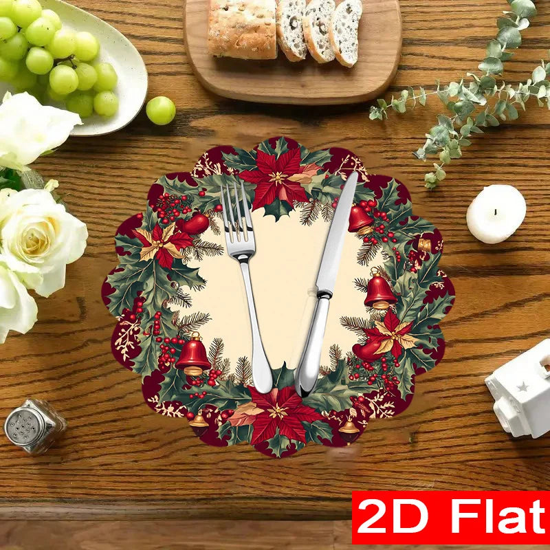 8-Pack Christmas Holiday Table Placemats 15 x 15 in (38 x 38 cm) Holly Leaf Magenta Bell Pattern