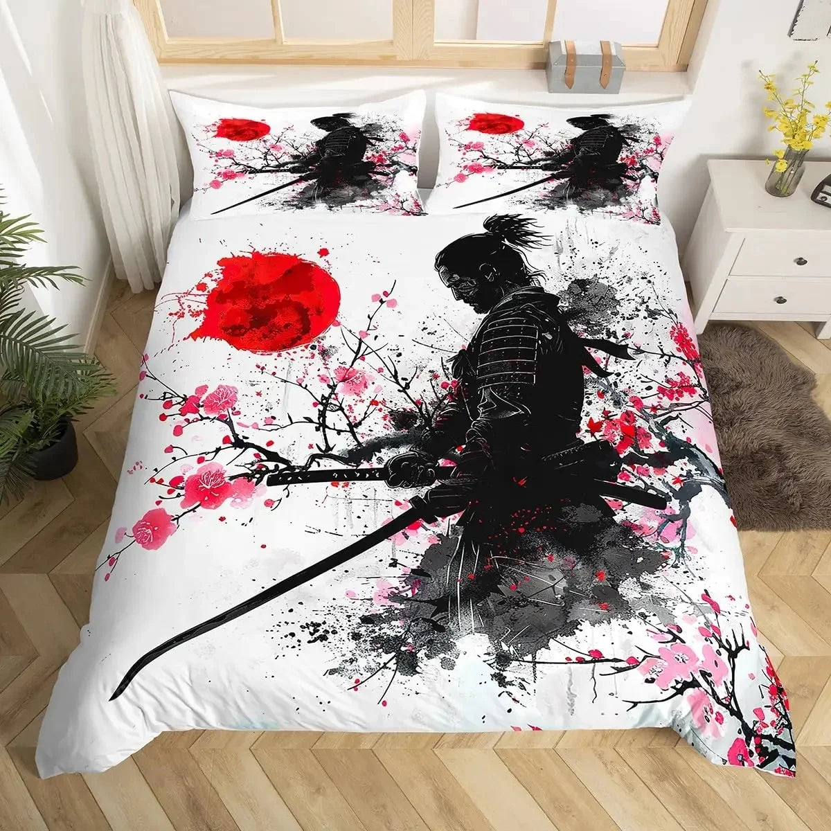 Japanese Samurai Duvet Cover Set 3-Piece - Cherry Blossoms Red Sun & Mount Fuji Print - Multiple Sizes (Twin/Full/Queen/King)