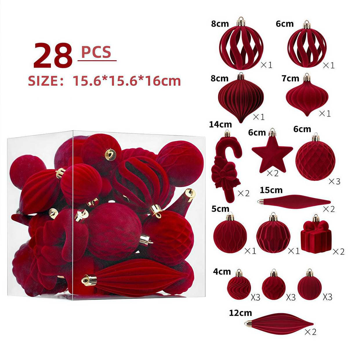 28-Piece Velvet Christmas Ornaments Set – Multi-Size Stars, Scepters & Round Balls for Tree, Home & DIY Decorations