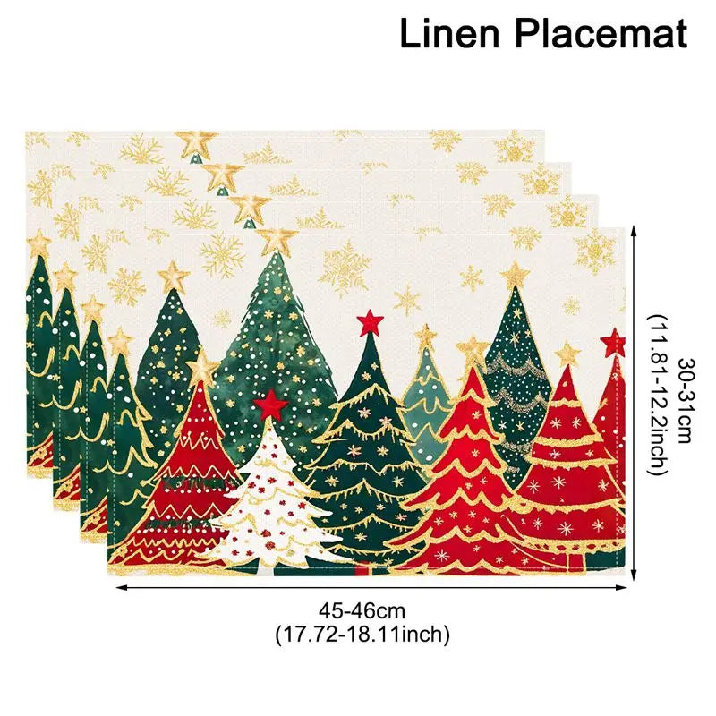 Linen Christmas Tree Placemats – Holiday Rectangle Table Mats for Kitchen & Dining, Navidad Noel