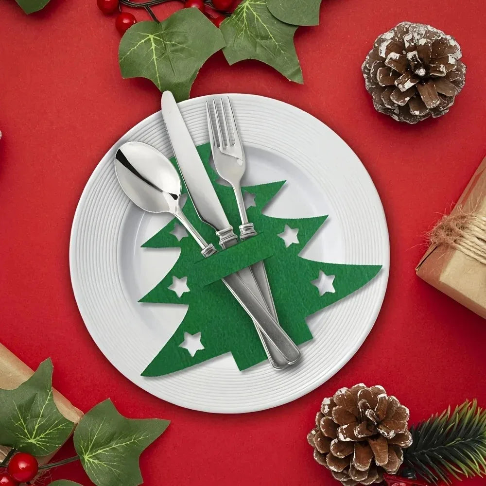 12-Pack Christmas Tree Felt Placemats with Fork and Spoon Pockets Holiday Table Decorations