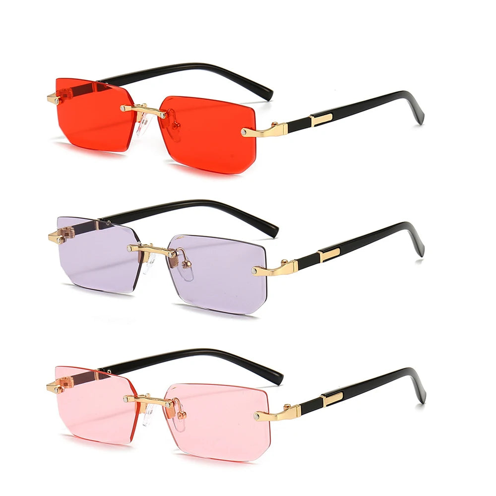 Rimless Rectangle Sunglasses for Women and Men - Small Square Mirrored Summer Travel Shades