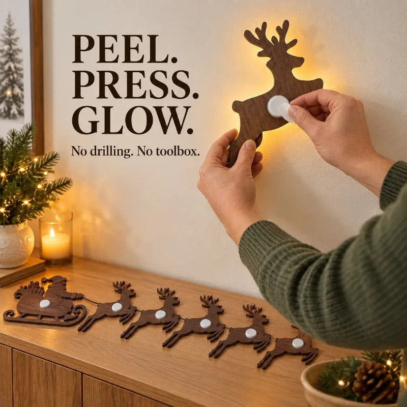 LED Light-Up Wooden Reindeer & Santa Sleigh Wall Decor with Remote — Battery Powered Christmas Wall Stickers