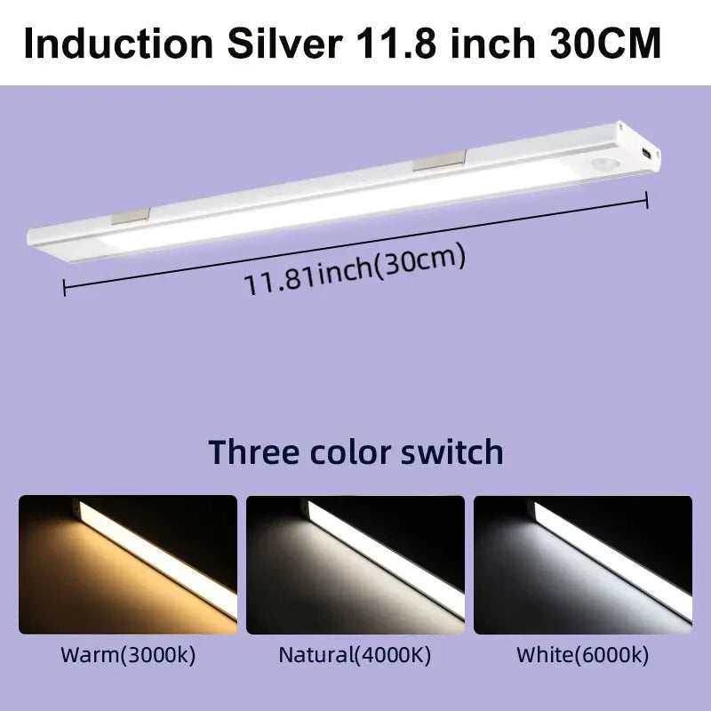 FanzyMarket LED motion sensor cabinet light, 15.7-inch rechargeable wireless night lamp with dimmable LED and 3 color temperatures.