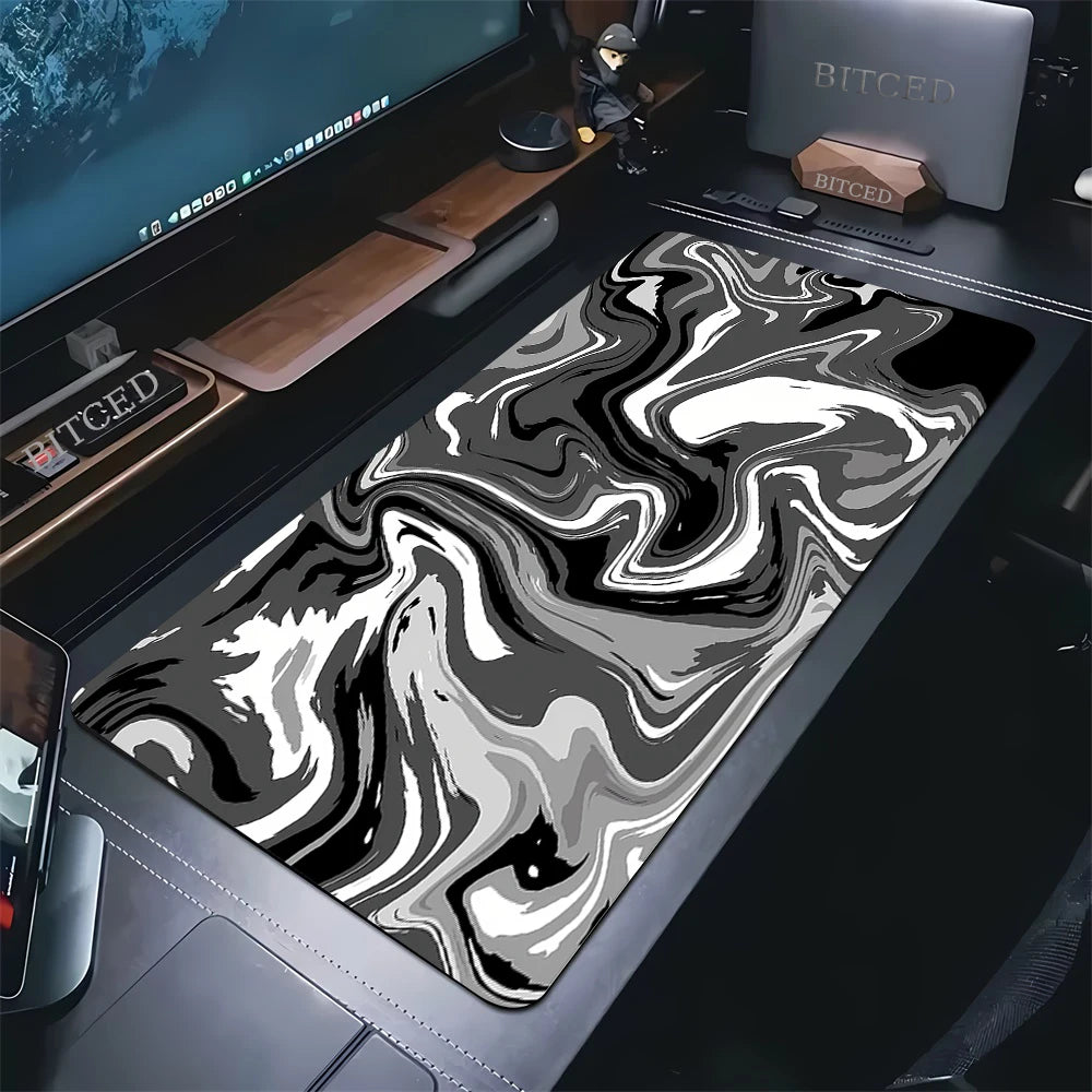 XXL Extended Mouse Pad 35.4 x 15.7 in (900 x 400 mm) Black & White Strata Liquid Anime Keyboard Desk Mat Anti-Slip Rubber