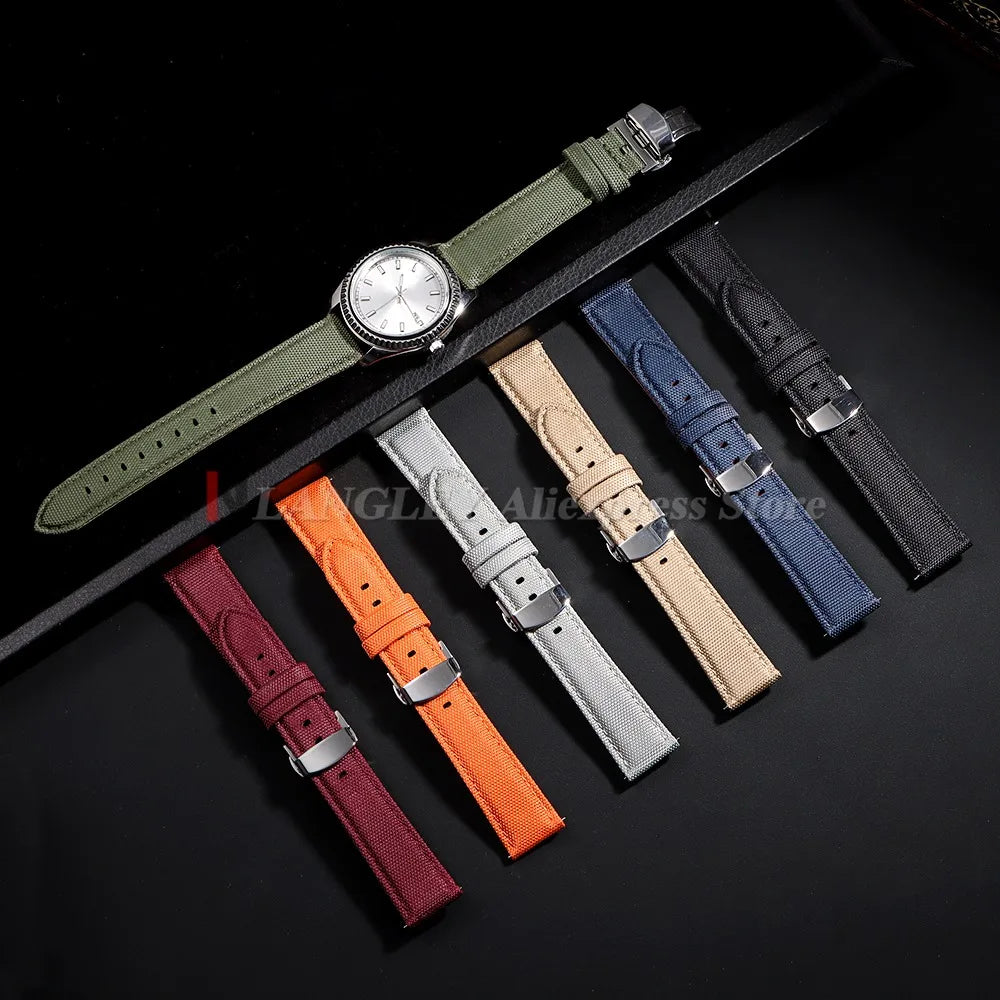 Sailcloth Nylon Leather Watch Strap 20mm 22mm Quick-Release Waterproof Butterfly Clasp Unisex Business Watch Band