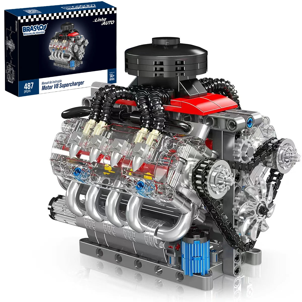 V8 Engine Building Blocks Model Kit, 487-Piece Compatible with LEGO, Transparent Cylinder Heads & Moving Pistons