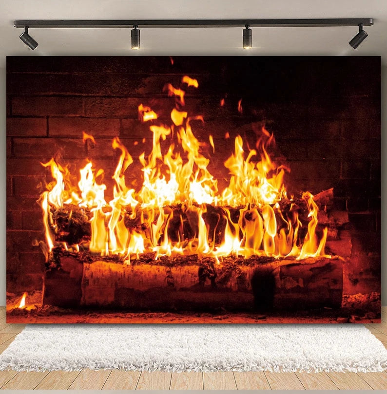 Christmas Fireplace Photography Backdrop - Burning Firewood Flame Brick Wall Photo Studio Background
