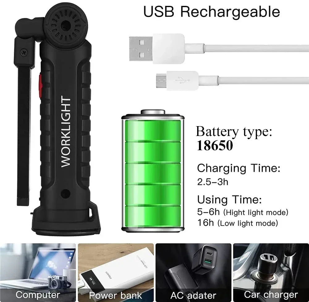 Portable COB LED Work Light – USB Rechargeable Inspection Lamp with Magnetic Hook & 360° Swivel